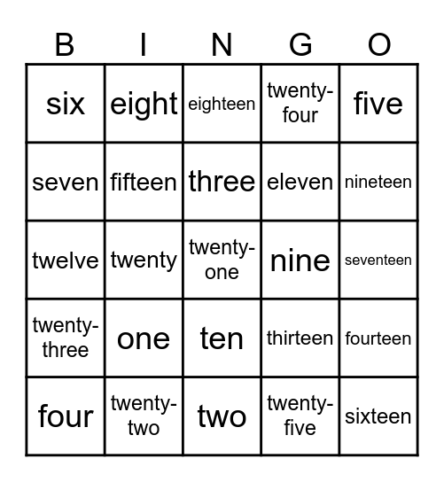 Number 1-25 Bingo Card