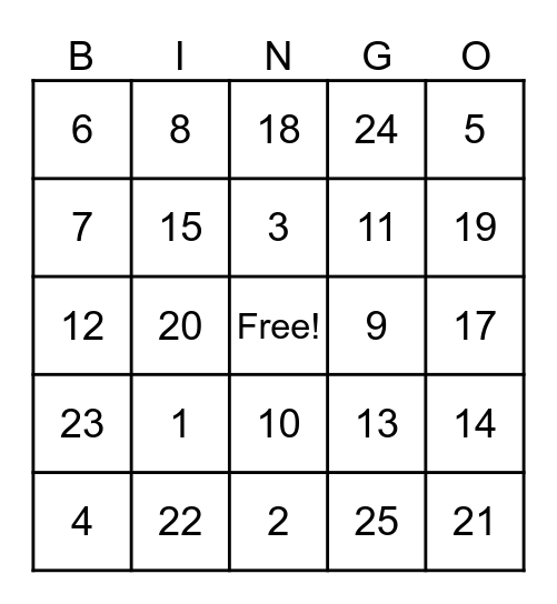 Lingo Bingo 1-25 Bingo Card