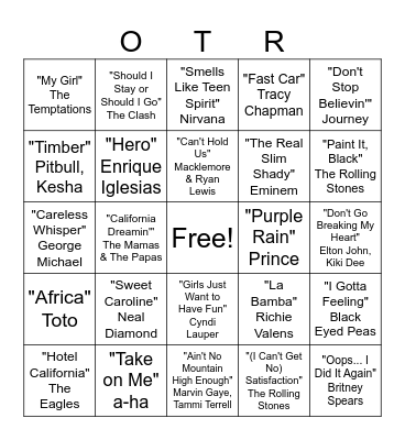 Musical Bingo- Top 100 pt 2 Bingo Card