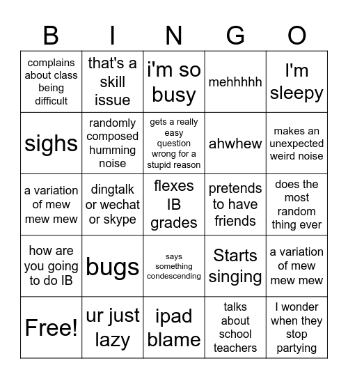 Sister's Class Bingo Card