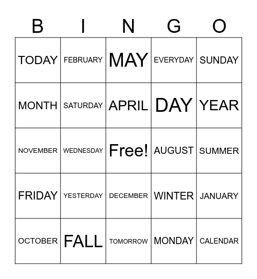 ASL CALENDAR BINGO Card