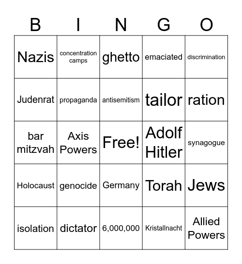 Holocaust Bingo Card