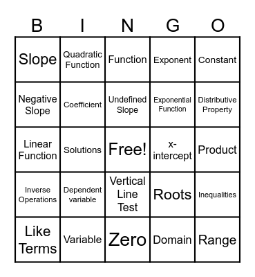 Algebra Vocab Final Bingo Card