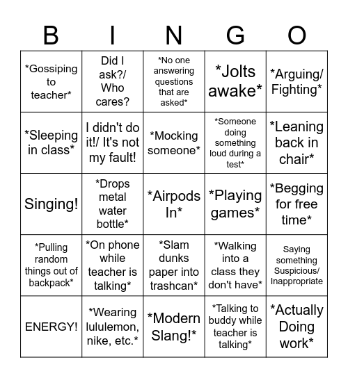 Student Bingo Card