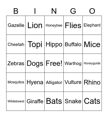 African Animals Bingo Card