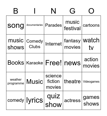 Entertainment Bingo Card