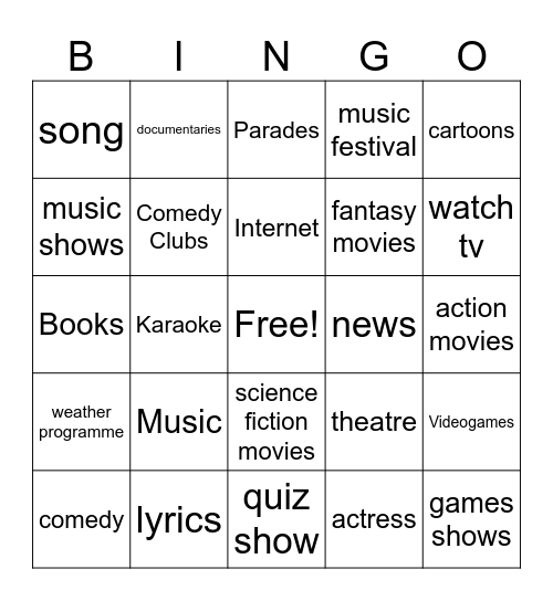 Entertainment Bingo Card