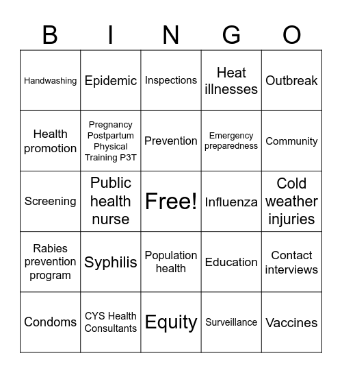 Public Health Week 2024 Bingo Card