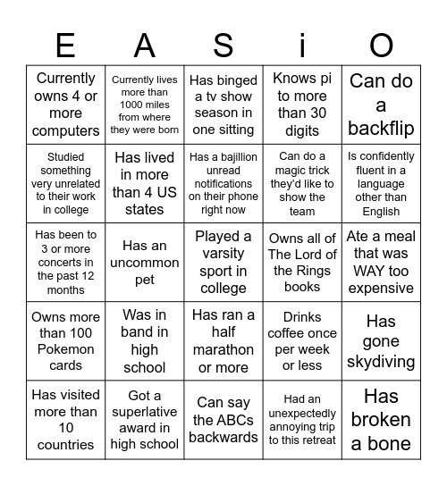 EASi Bingo Card