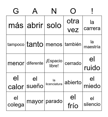 Spanish 1 Vocab 6A Bingo Card