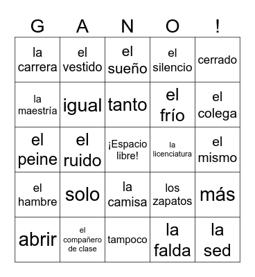 Spanish 1 Vocab 6A Bingo Card