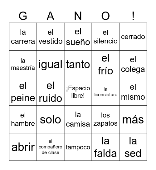 Spanish 1 Vocab 6A Bingo Card