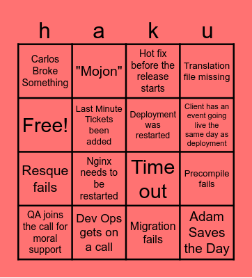 haku Deployment Bingo Card