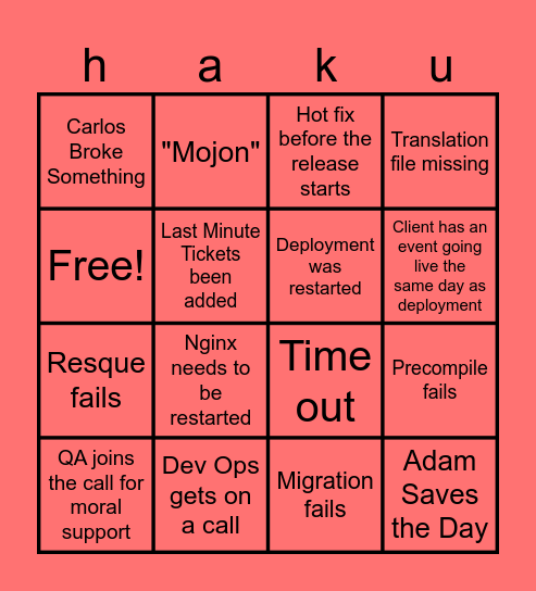 haku Deployment Bingo Card