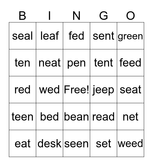 short & long "e" Bingo Card