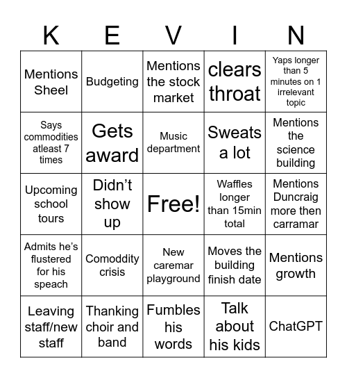 Kevin Smout Bingo Card
