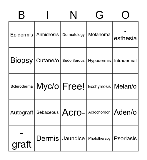 Integumentary System Bingo Card