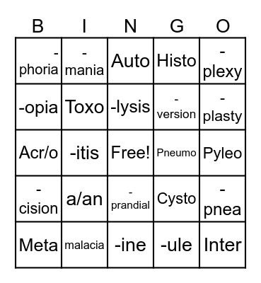 Medical Terminology Bingo Card