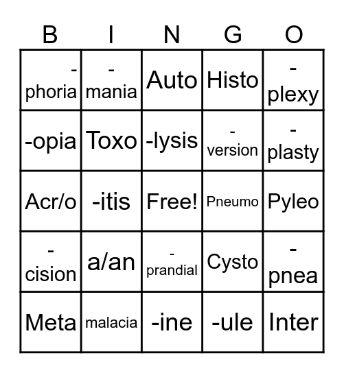 Medical Terminology Bingo Card