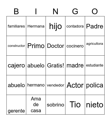 Miembro de la familia y trabajos Bingo Card