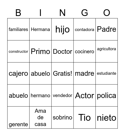 Miembro de la familia y trabajos Bingo Card