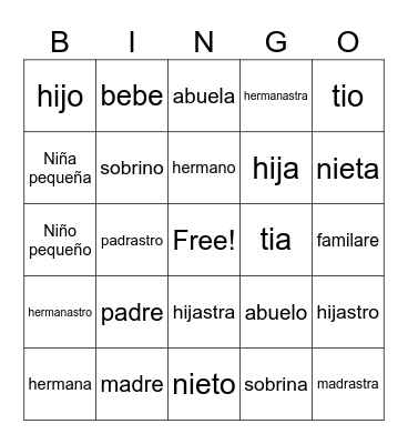family bingo Card