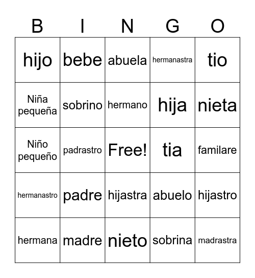 family bingo Card