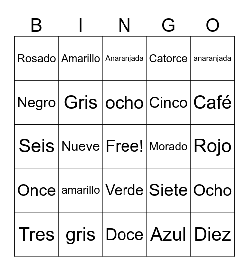 Spanish Numbers and Colors Bingo Card