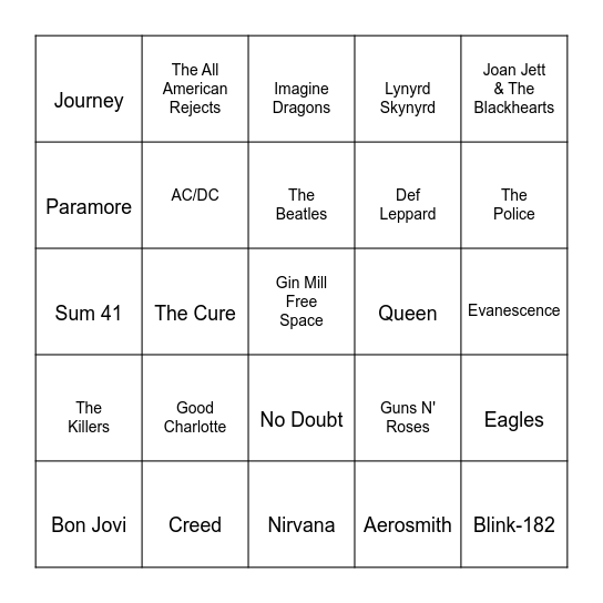 Battle of the Bands Bingo Card