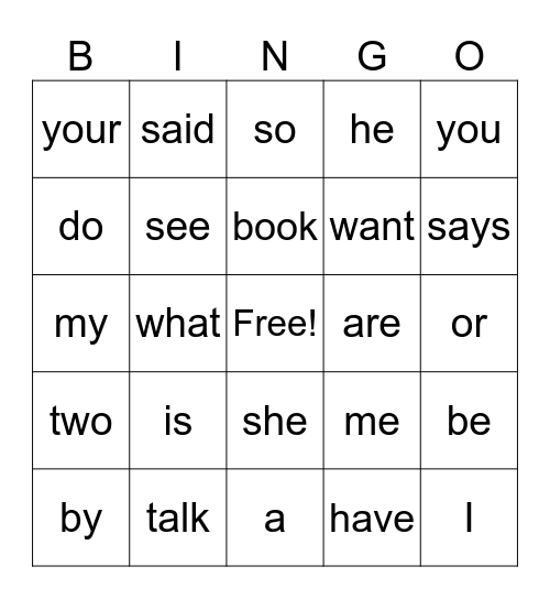 Heart word Bingo Card