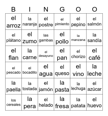 La comida Bingo Card