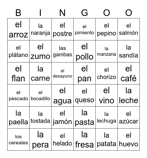 La comida Bingo Card