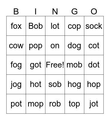 short "o" sounds Bingo Card
