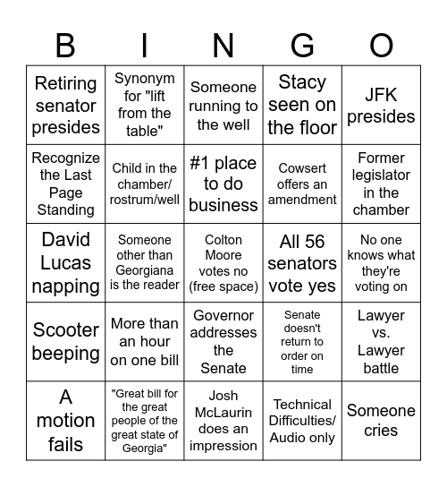 Sine Die Senate Bingo Card