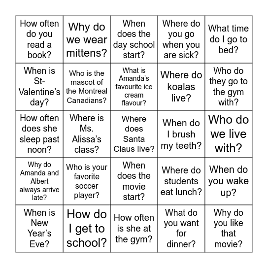 Question Word Bingo Card