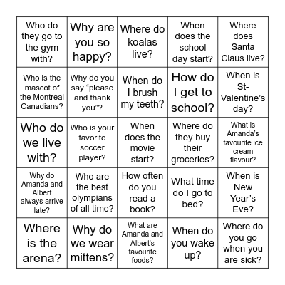 Information Question Bingo Card