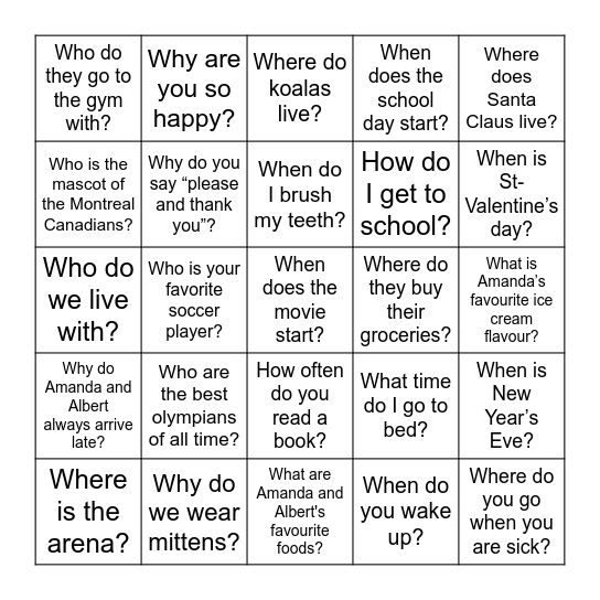 Information Question Bingo Card