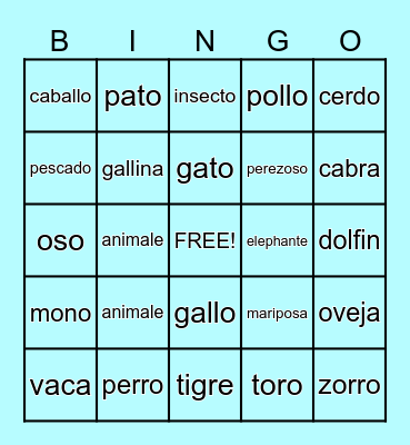 Animals Bingo Card