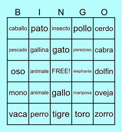 Animals Bingo Card