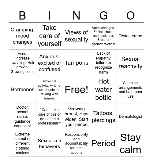 Puberty Bingo Card