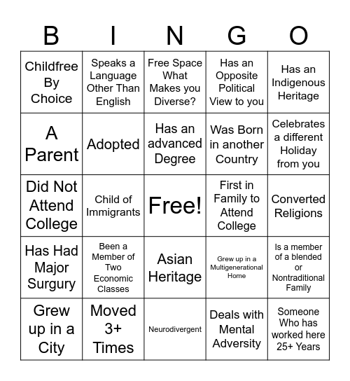 Inclusivity Bingo Card