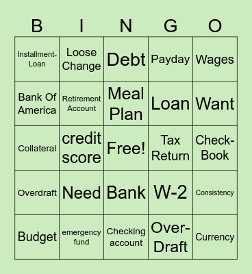 Money Management BINGO Card