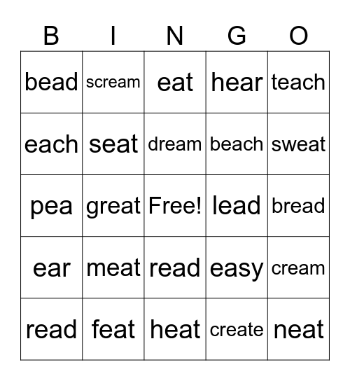 Vowel Diphthong "ea" Bingo Card