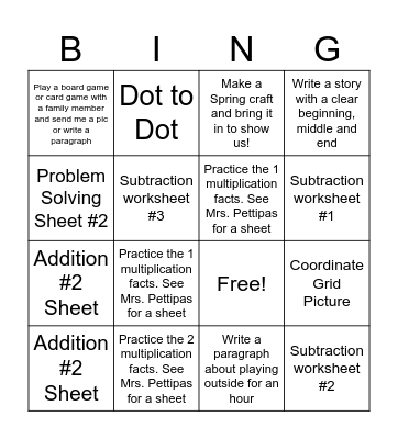 April Homework Bingo Card