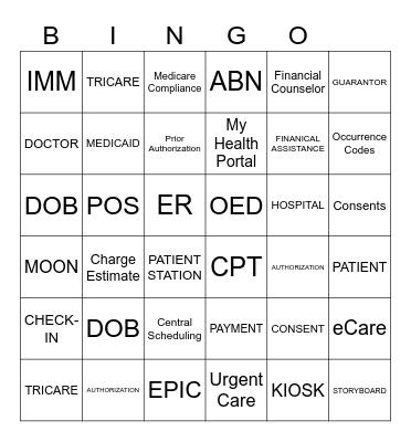 Patient Access Bingo Card