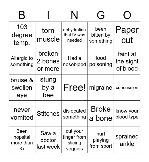 Health & Symptoms BINGO Card