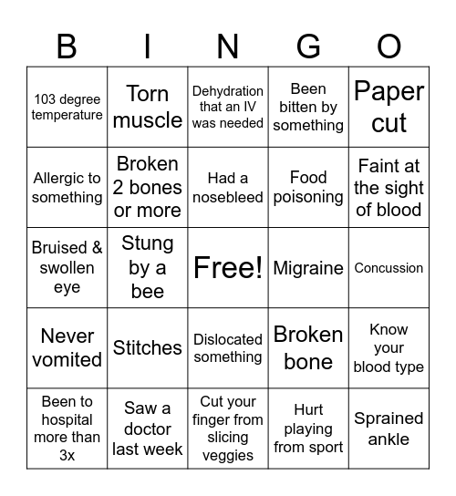 Health & Symptoms Bingo! Bingo Card