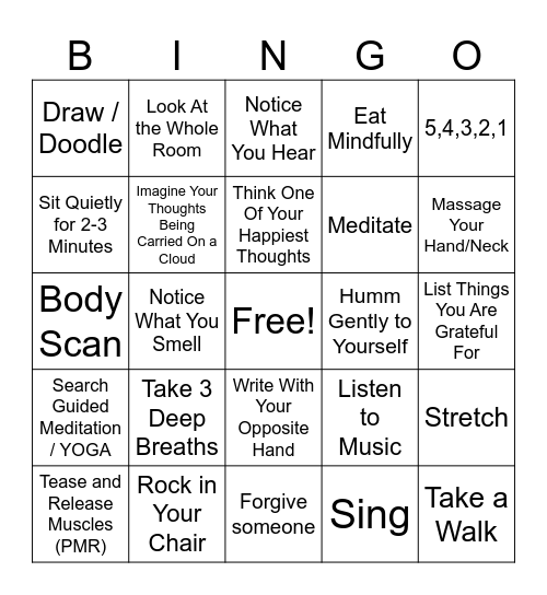 Mindfulness Bingo Card