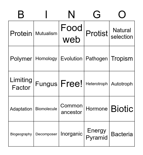 Biology Vocabulary Review Bingo Card