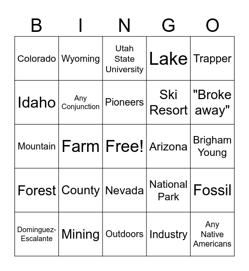 Utah County Bingo Card